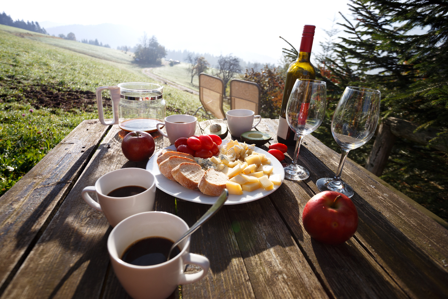 Meal with Cheeses, Apples, Coffee, and Wine in the Country